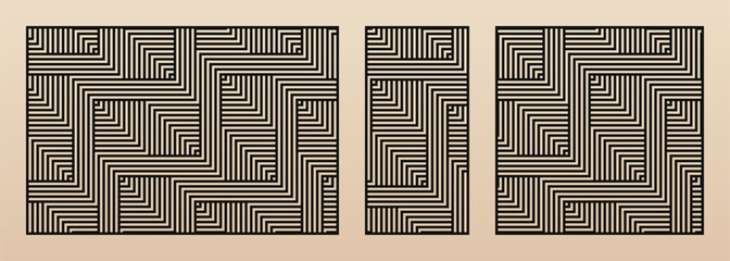 Aufkleber - Laser cut patterns. Vector template with abstract geometric ornament, lines, stripes, chevron. Decorative stencil for laser cutting of wood, metal, plastic, paper, plywood. Aspect ratio 3:2, 1:2, 1:1