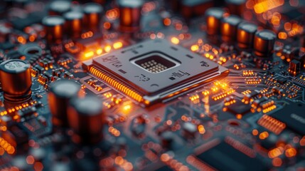 Poster - A close-up image of a computer motherboard with glowing components. The image focuses on a single chip surrounded by capacitors and other electronic parts.