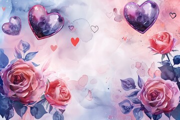 Wall Mural - Shiny glitter hearts and rose flower frame illustration background with valentines day concept greeting card, banners, poster, wallpapers