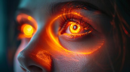 Poster - A close-up photograph of a woman eye illuminated by orange light. The eye is the focal point, with the rest of the face blurred.