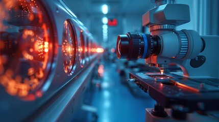 Poster - A close-up of an industrial microscope inspecting a semiconductor wafer in a high-tech factory.