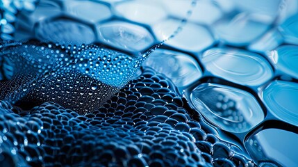 Poster - Abstract Blue Hexagonal and Bubble Patterns with Droplets