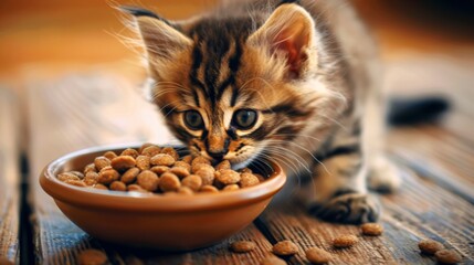 Poster - Chubby kitten with a fluffy tail gobbling up a bowl of nutritious kitten food.