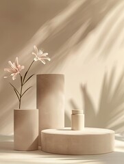 Poster - Minimalist Beige Display with Pink Flowers and Shadows
