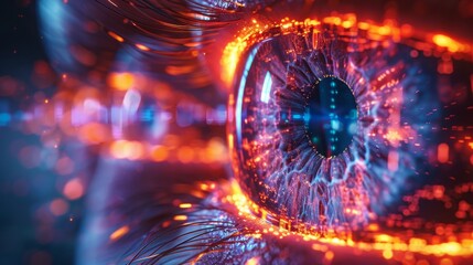 Poster - A digital eye with glowing orange and blue lights, creating a futuristic and abstract visual.