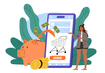 Poster - Cashback from shopping. Woman with smartphone near piggy bank with gold coins. Discounts and promotions, sales. Offer for regular customers. Cartoon vector illustration isolated on white background