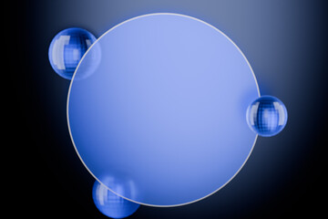 Poster - Abstract blue spheres surrounding a large blue circle on a dark background. Glassmorphism 3d rendering