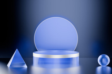 Poster - Abstract geometric pedestal. Circle, a pyramid and a sphere on a reflective blue surface. 3d rendering
