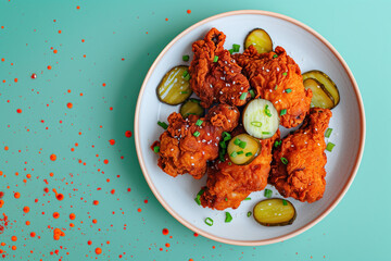 Nashville Hot Chicken with Pickles on Turquoise Background