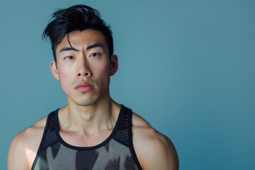 Wall Mural - Portrait of a tender asian man in his 20s dressed in a breathable mesh vest on plain cyclorama studio wall