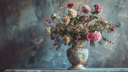 Canvas Print - Vintage antique vase with ornamental flower bouquet