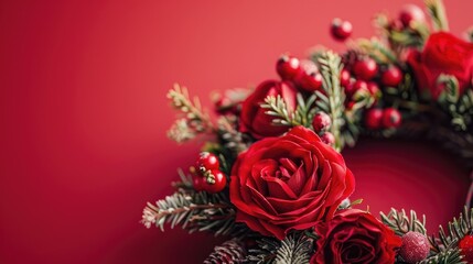 Wall Mural - Advent wreath with winter rose and berries on red backdrop