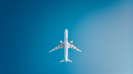 Airplane in a clear blue sky, view from below.