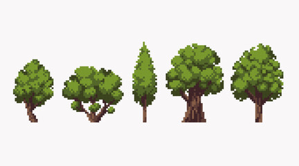 Different trees pixel art icon set. Forest flora species logo collection. 8-bit sprite. Game development, mobile app. Isolated vector illustration.