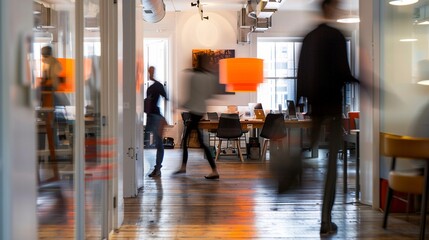 Bustling modern office space with blurred figures moving through glass-walled corridors, orange accents, and sleek furniture creating a dynamic work environment.