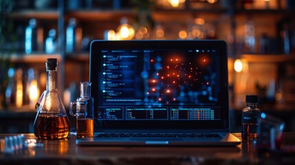 Poster - A laptop with a screen showing data and graphs sits on a wooden table with glassware and other laboratory equipment. The image is lit by warm lights, creating a dramatic and professional atmosphere.