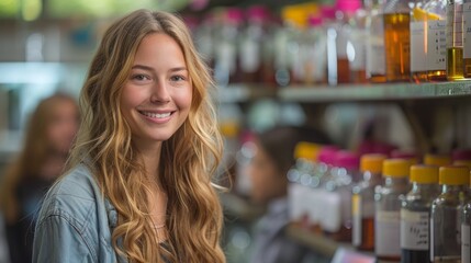 Poster - A young female student in a blue shirt smiles at the camera in a science lab.
