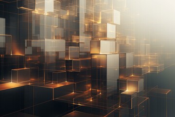 Wall Mural - 3d rendered abstract glowing cubes background with golden. Digital. And reflective surfaces. Creating a modern and futuristic art concept with seamless geometry and shiny light effects