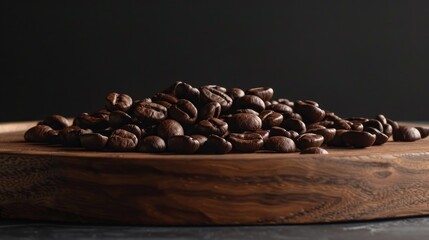 Canvas Print - Coffee beans displayed on a wooden plate against a dark backdrop