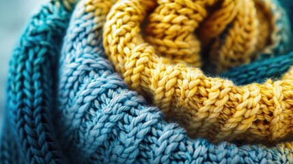 Canvas Print - Gradient Blue Creamy Yellow Knit Scarf Textile Background with Copy Space