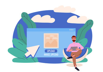 Poster - man uploads image. young guy with tablet uploads picture to cloud server or storage. electronic arch