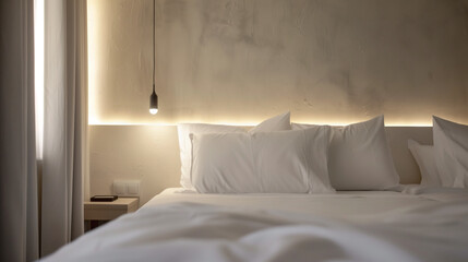 Wall Mural - A close-up of a modern bedroom with minimalist decor with white walls, furniture and soft lighting in a boutique hotel.