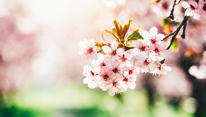 cherry blossom in spring time with sun rays and lens flare, Spring blossoms and beautiful cherry tree branches with pink sakura flowers and sunbeams coming through the tree branches,