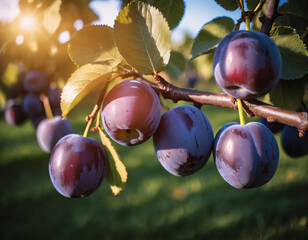 Wall Mural - Sweet and appetising plums in a sunny orchard, Słodkie i apetyczne śliwki w słonecznym sadzie