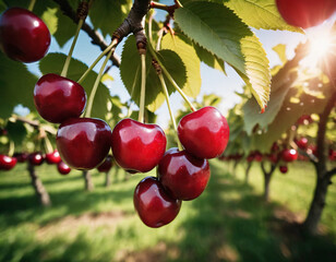 Wall Mural - Sweet and appetising cherries in a sunny orchard, Słodkie i apetyczne wiśnie w słonecznym sadzie