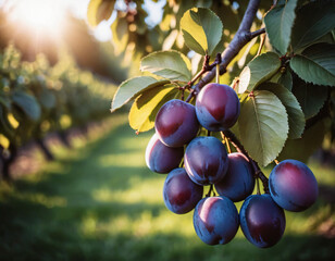 Wall Mural - Sweet and appetising plums in a sunny orchard, Słodkie i apetyczne śliwki w słonecznym sadzie