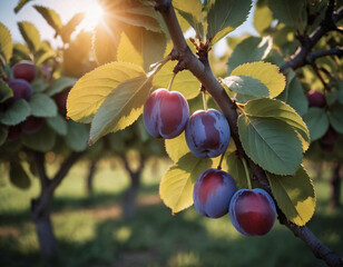 Wall Mural - Sweet and appetising plums in a sunny orchard, Słodkie i apetyczne śliwki w słonecznym sadzie