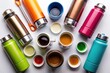© joompon - Thermos collection top view isolated background Thermoses in different colors and similiar shapes Coffee and tea thermos , colors, background, view, Thermoses, different, shapes, collection, isolated,