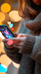 Poster - Person using smartphone with social media icons and bokeh lights in the background. Concept of digital communication and online interaction. Ideal for technology and lifestyle themes
