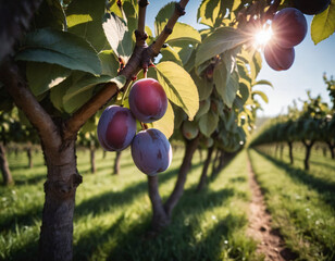 Wall Mural - Sweet and appetising plums in a sunny orchard, Słodkie i apetyczne śliwki w słonecznym sadzie