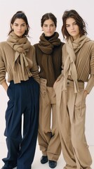 Three young women wearing long, knitted scarves and wide-leg trousers stand in a white studio