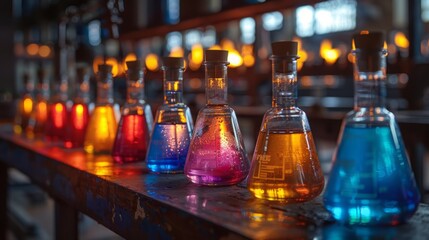 Poster - a row of glass flasks filled with colorful chemical solutions sits on a metal lab table. the flasks 