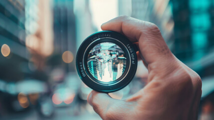 Wall Mural - A hand holds a camera lens, capturing the urban scenery in the background, symbolizing focus and the art of photography with city reflections.