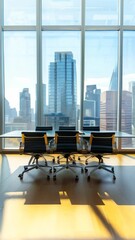 Aufkleber - Bright modern conference room with city skyline view through large windows. Sleek and professional office environment. Ideal for business meetings and corporate presentations
