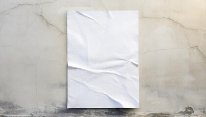 Wall Mural - real image white paper wrinkled poster template blank glued creased paper sheet mockup white poster mockup on wall empty paper mockup