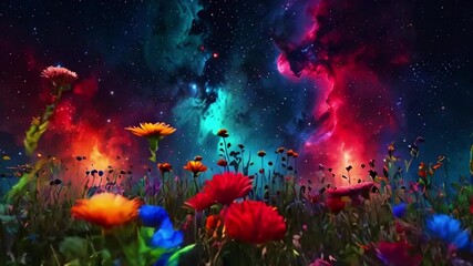 a garden of cosmic flowers and plants growing within a nebula. the colors are vibrant and ever-chang