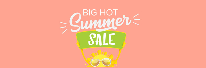 Wall Mural - Summer Sale horizontal wide web banner. summer happy sun character holding sign or banner with special offer sale text isolated on soft pastel pink horizontal background. Summer sale