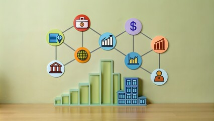 Poster - Business Growth Strategy Concept - A conceptual image representing a business growth strategy with various elements like a building, chart, icons representing financial success, marketing, development