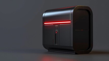 Poster - A black, rectangular device with a red light on top sits on a gray surface. It has a slot on the front and a rounded top edge.