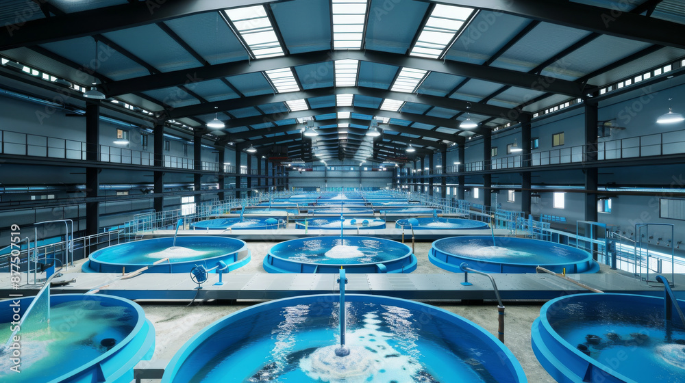 An expansive aquaculture facility with rows of large blue tanks in an ...