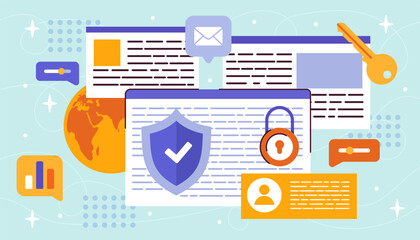 Poster - Personal security concept. Data and folders with documents under lock and key. Antivirus and information protection from hackers. Corporate network, electronic archive. Flat vector illustration