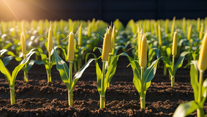 Wall Mural - Cornfield at Sunset - A close-up view of corn plants growing in a field at sunset, with the sun shining through the leaves.