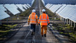 © Nordic Studio - Employees of a solar panel park walk in between rows of solar panels.