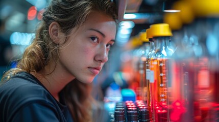 Poster - A young woman intently examines a row of chemical solutions in a laboratory, showcasing a close-up view of her focused expression.