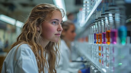 Poster - A young female scientist gazes intently at test tubes filled with colored liquids in a laboratory setting.