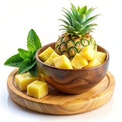 Poster - Fresh Pineapple Slices in Wooden Bowl with Mint Leaves - A close-up image of fresh pineapple slices in a wooden bowl with mint leaves, isolated on white background.